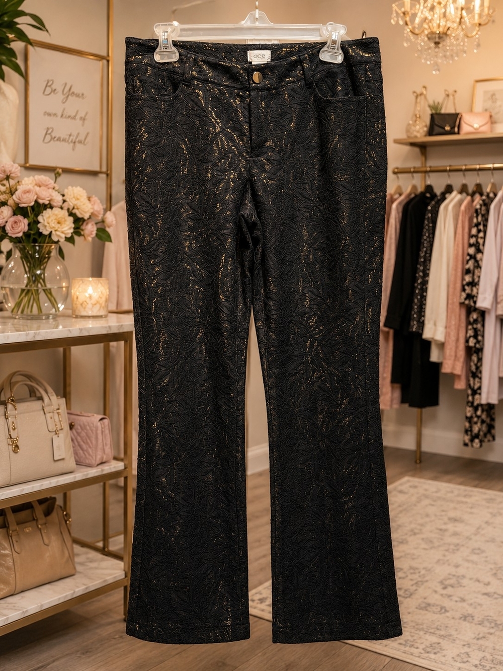 Cache Black & Gold Textured Metallic Pants Size 8 | Dressy Straight Leg